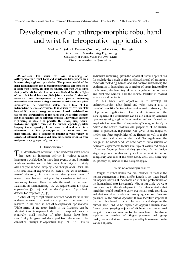 (PDF) Development of An Anthropomorphic Robot Hand and Wrist for ...