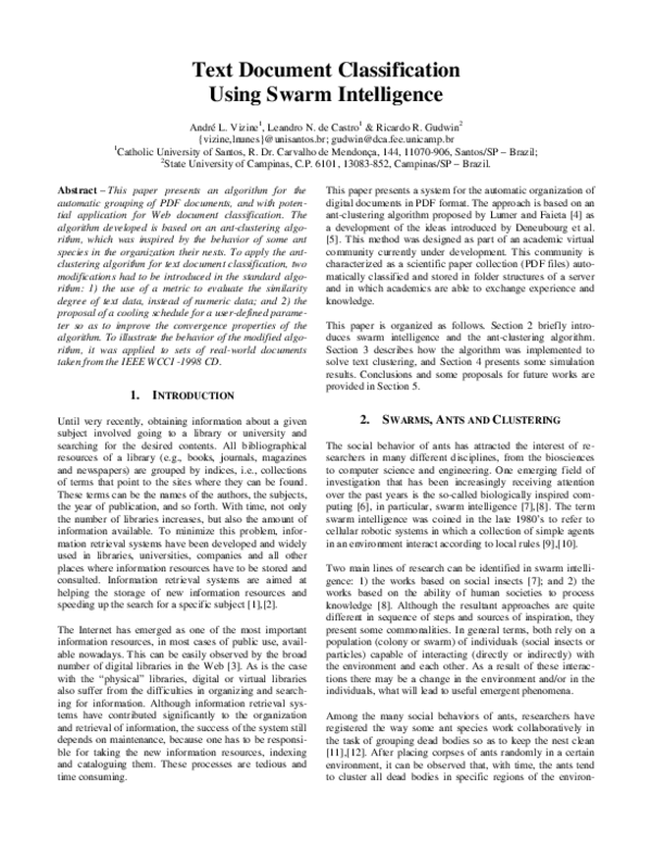 (PDF) Text document classification using swarm intelligence