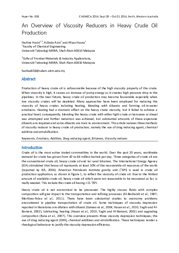 (PDF) An Overview of Viscosity Reducers in Heavy Crude Oil Production