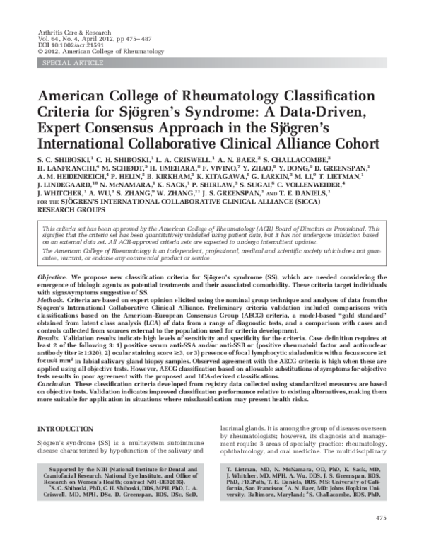 (PDF) American College of Rheumatology classification criteria for ...