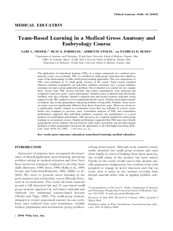 (PDF) Team‐based learning in a medical gross anatomy and embryology course
