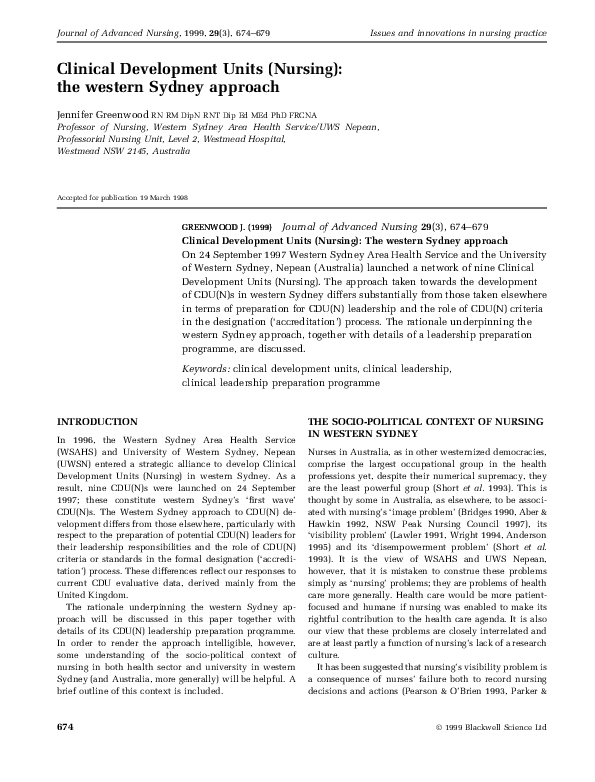 (PDF) Clinical Development Units (Nursing): the Western Sydney Approach