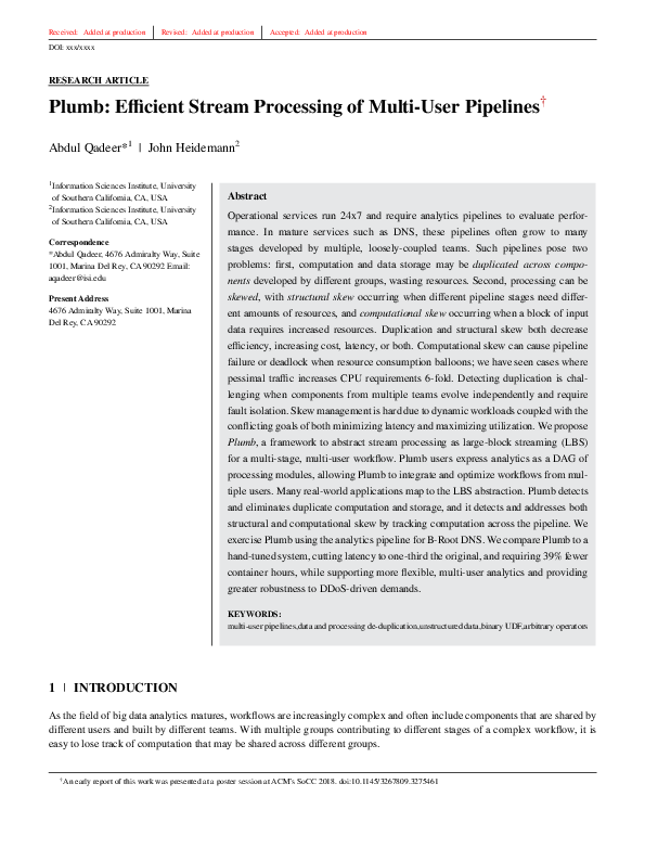 (PDF) Plumb: Efficient stream processing of multi‐user pipelines