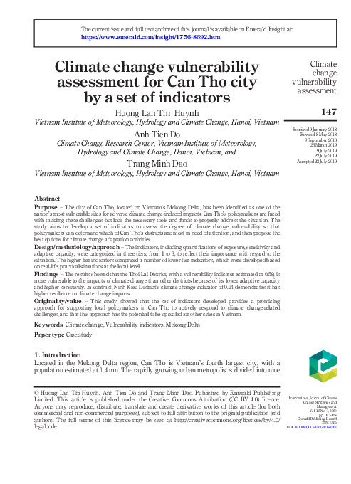 (PDF) Climate change vulnerability assessment for Can Tho city by a set ...