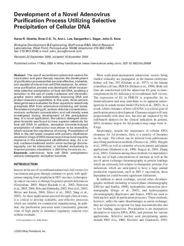 (PDF) Development of a novel adenovirus purification process utilizing ...