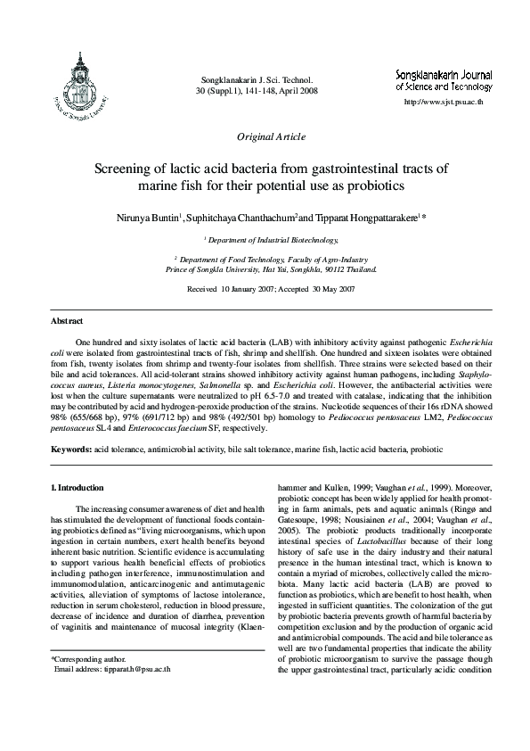 (PDF) Screening of lactic acid bacteria from gastrointestinal tracts of ...