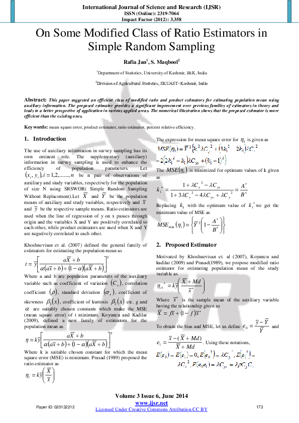 (PDF) On Some Modified Class of Ratio Estimators in Simple Random Sampling
