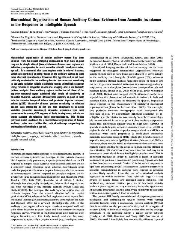 (PDF) Hierarchical Organization of Human Auditory Cortex: Evidence from ...