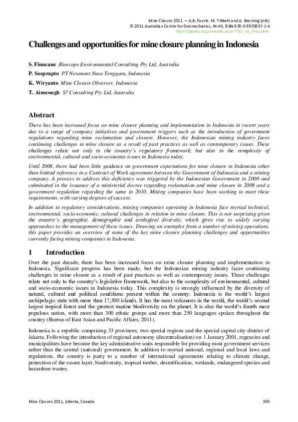 (PDF) Challenges and opportunities for mine closure planning in Indonesia