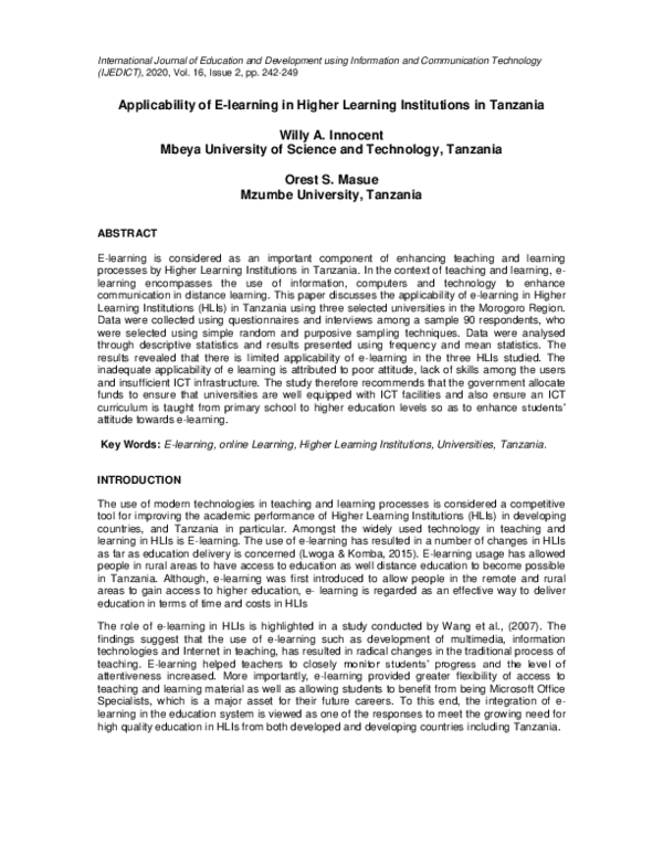 (PDF) Applicability of E-Learning in Higher Learning Institutions in ...