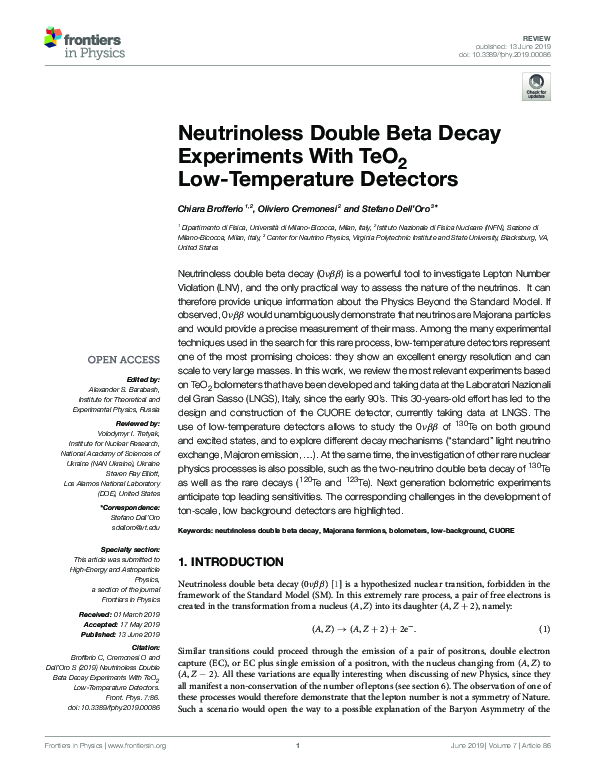 (PDF) Neutrinoless Double Beta Decay Experiments With TeO2 Low ...