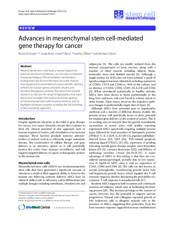 (PDF) Advances in mesenchymal stem cell-mediated gene therapy for cancer