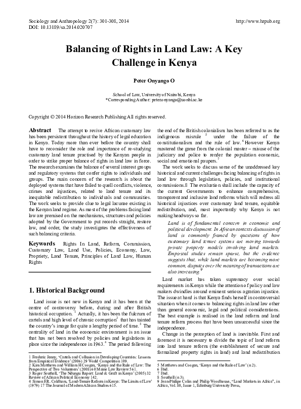 (PDF) Balancing of Rights in Land Law A Key Challenge in Kenya PETER