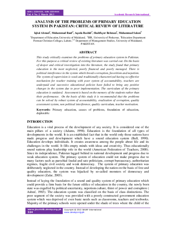 (PDF) Analysis of the Problems of Primary Education System in Pakistan ...