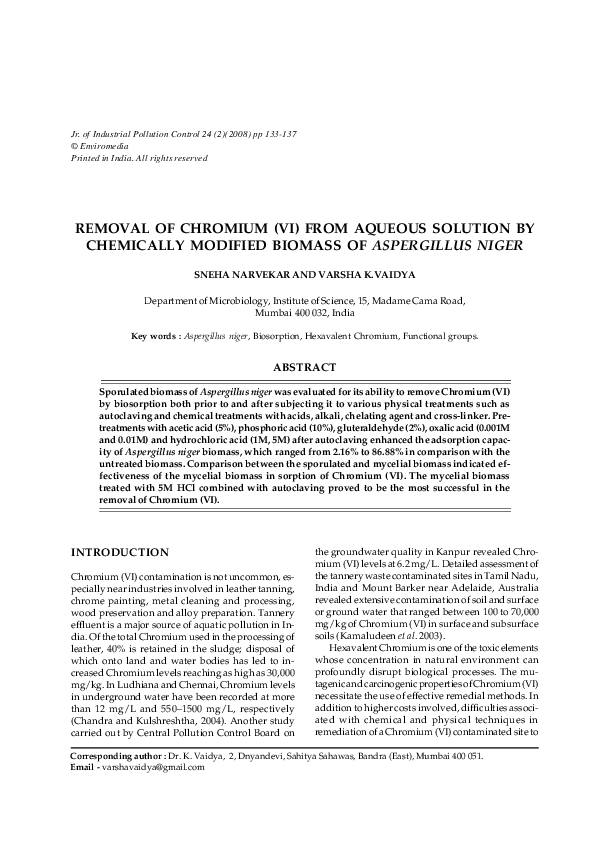 (PDF) REMOVAL OF CHROMIUM (VI) FROM AQUEOUS SOLUTION BY CHEMICALLY ...