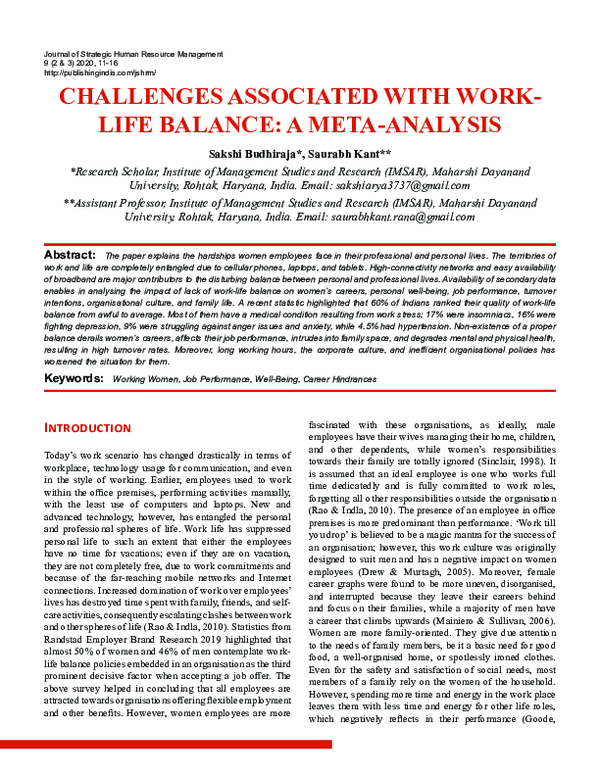 (PDF) Challenges Associated with Work-Life Balance: A Meta-Analysis
