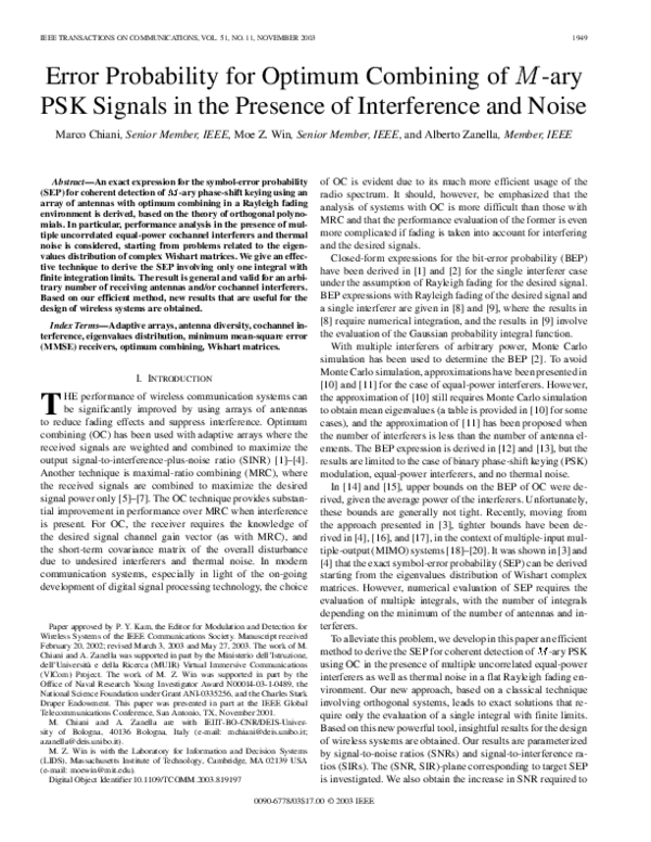 (PDF) Error probability for optimum combining of M -ary PSK signals in ...