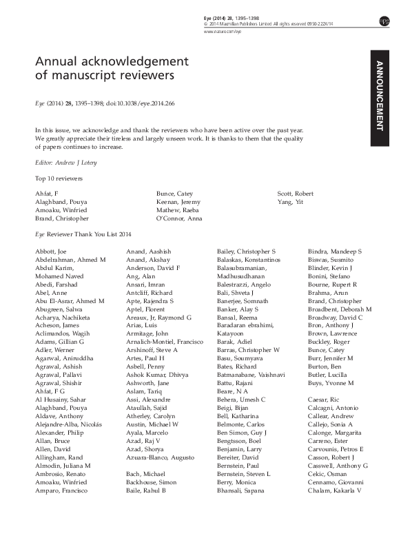 (PDF) Annual acknowledgement of manuscript reviewers