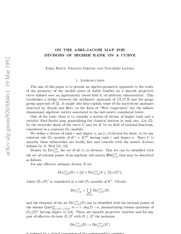 (PDF) On the Abel-Jacobi map for divisors of higher rank on a curve