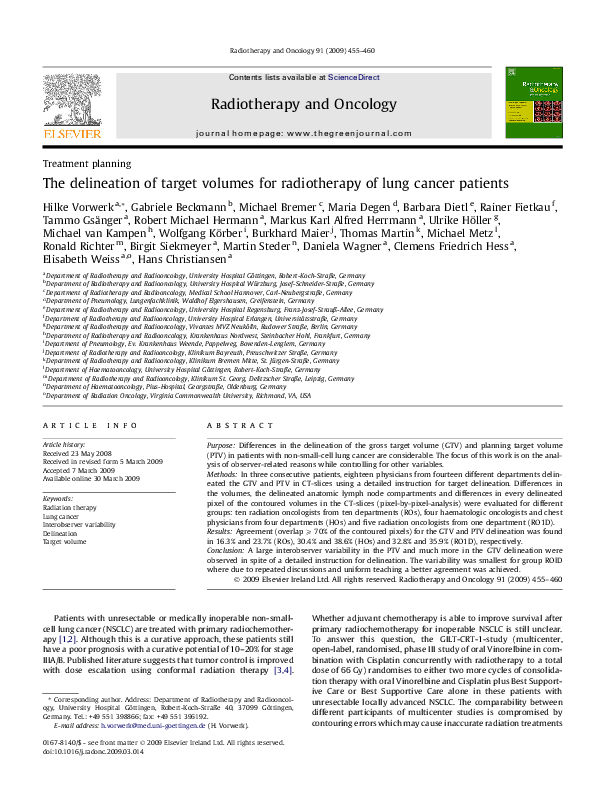 (PDF) The delineation of target volumes for radiotherapy of lung cancer ...