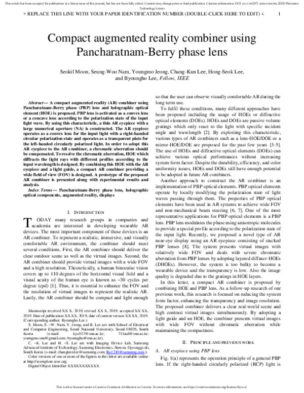 (PDF) Compact augmented reality combiner using Pancharatnam-Berry phase ...