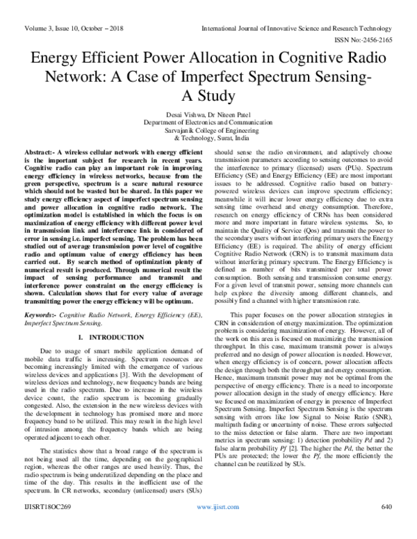 (PDF) Energy Efficient Power Allocation in Cognitive Radio Network : A ...