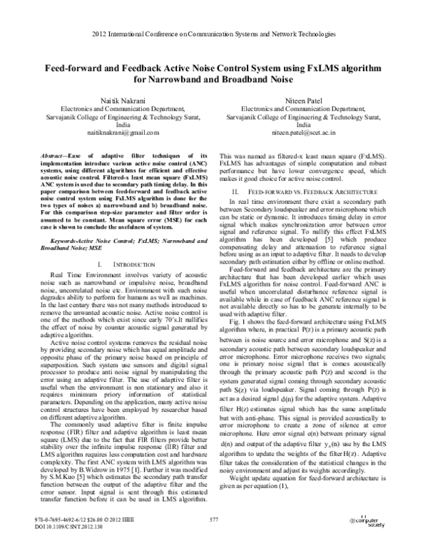 (PDF) Feed-Forward and Feedback Active Noise Control System Using FxLMS ...