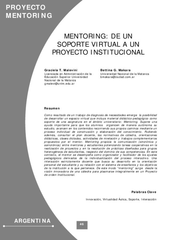 Mentoring: De Un Soporte Virtual a Un Proyecto Institucional