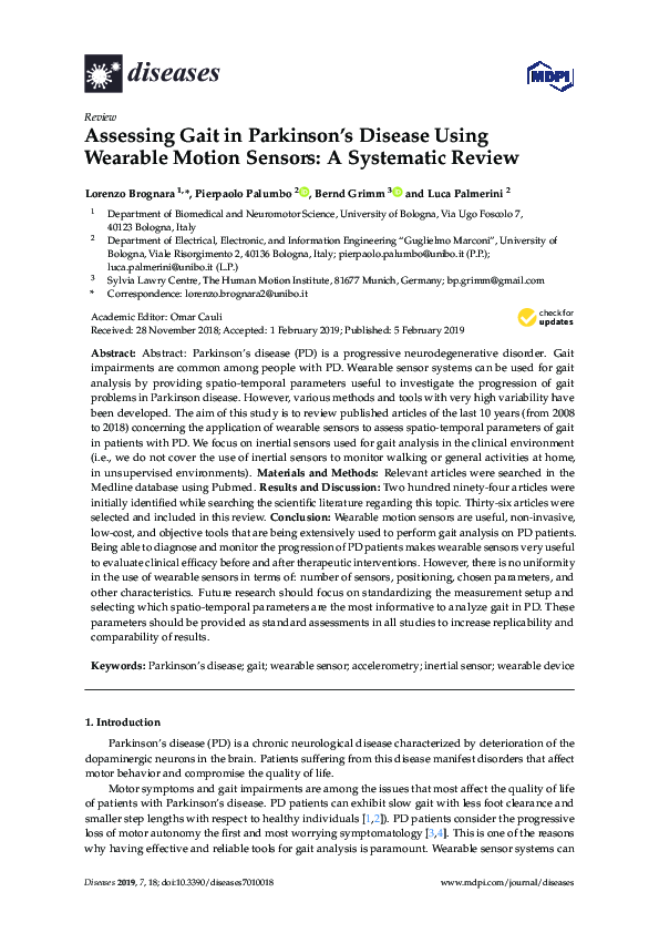 (PDF) Assessing Gait in Parkinson’s Disease Using Wearable Motion ...