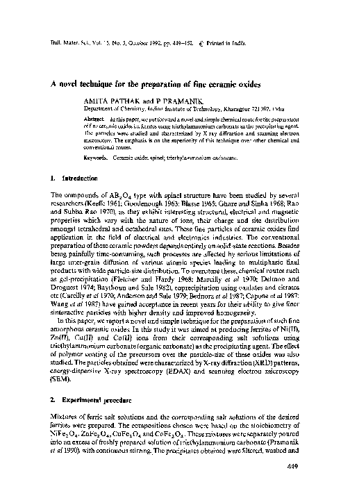 (PDF) A novel technique for the preparation of fine ceramic oxides Panchanan Pramanik