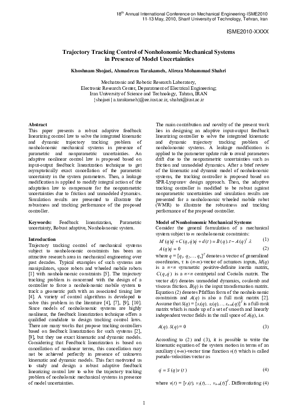(PDF) Trajectory tracking control of nonholonomic mobile robot with ...