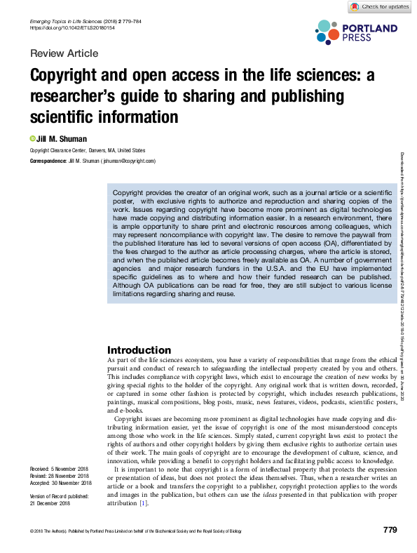 (PDF) Copyright and open access in the life sciences: a researcher's ...