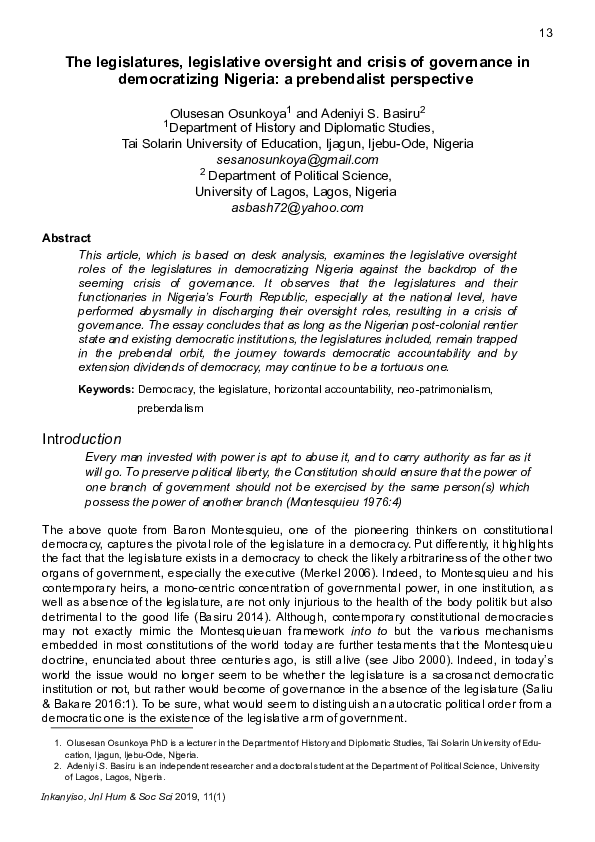(PDF) The legislatures, legislative oversight and crisis of governance ...