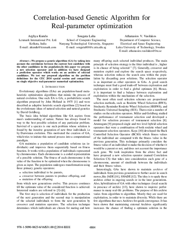 (PDF) Correlation-based genetic algorithm for real-parameter optimization
