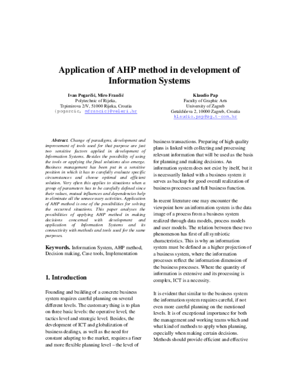 (PDF) Application of AHP method in development of Information Systems