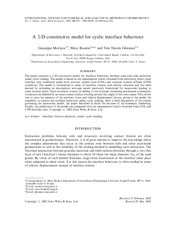 (PDF) A 2-D constitutive model for cyclic interface behaviour