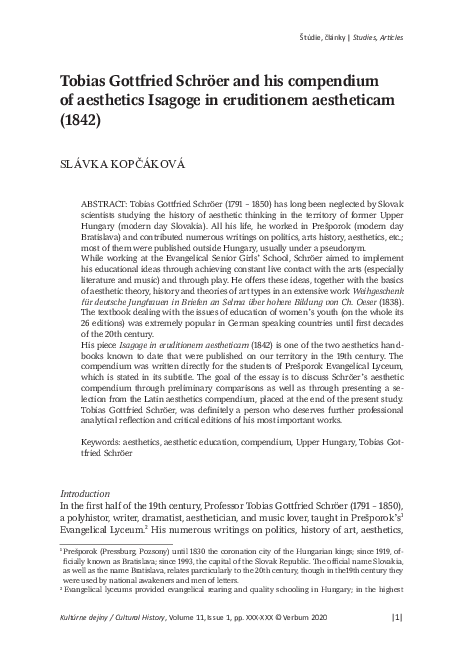 Tobias Gottfried Schröer and his compendium of aesthetics Isagoge in eruditionem aestheticam (1842