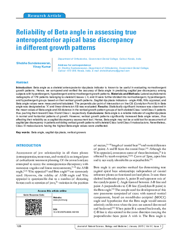 (PDF) Reliability of Beta angle in assessing true anteroposterior ...