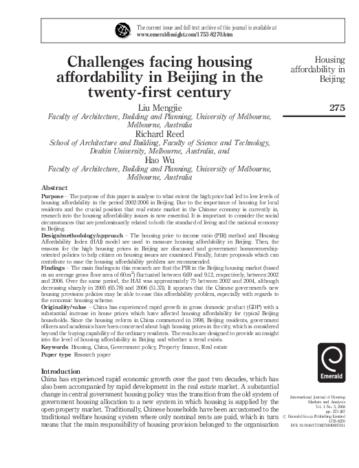 (PDF) Challenges facing housing affordability in Beijing in the twenty ...