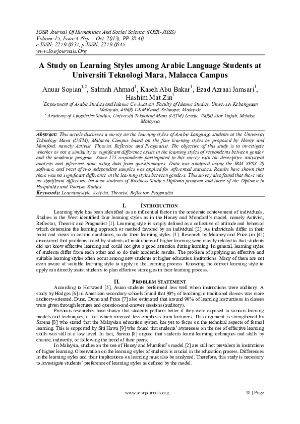 (PDF) A Study on Learning Styles among Arabic Language Students at ...