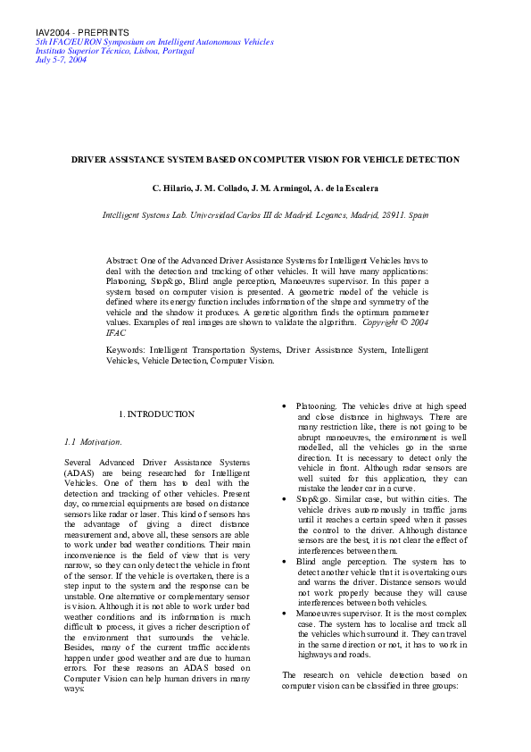 (PDF) Driver Assistance System Based on Computer Vision for Vehicle ...
