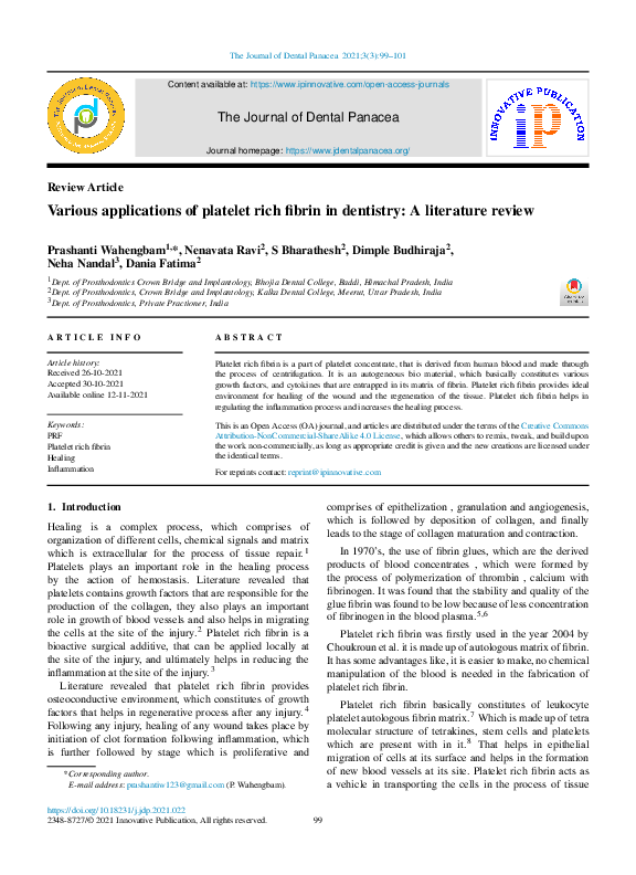 (PDF) Various applications of platelet rich fibrin in dentistry: A ...
