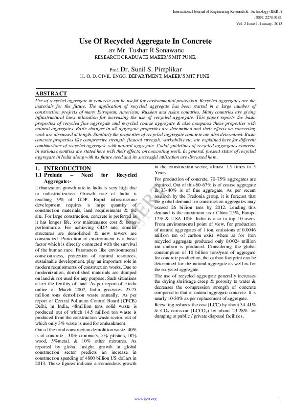 (PDF) Use Of Recycled Aggregate In Concrete