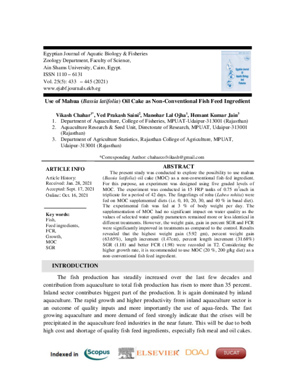 (PDF) Use of Mahua (Bassia latifolia) Oil Cake as Non-Conventional Fish ...