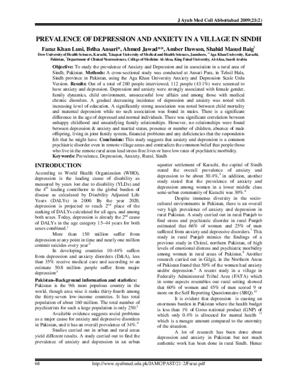 (PDF) Prevalence of Depression and Anxiety In a Village In Sindh