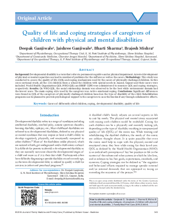 (PDF) Quality of life and coping strategies of caregivers of children ...