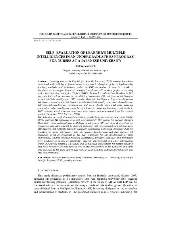 (PDF) Self–Evaluation of Learner’s Multiple Intelligences in an ...