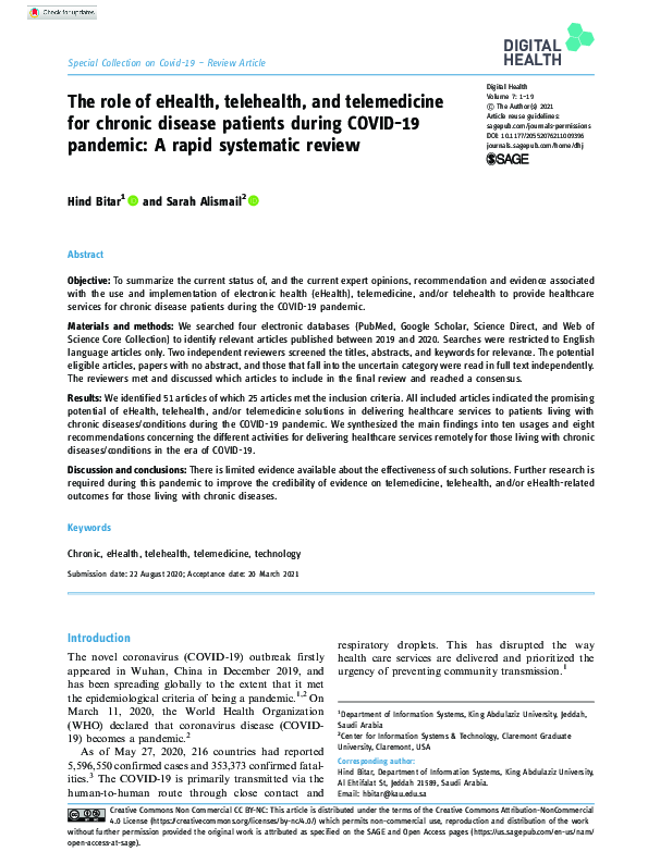 (PDF) The role of eHealth, telehealth, and telemedicine for chronic ...