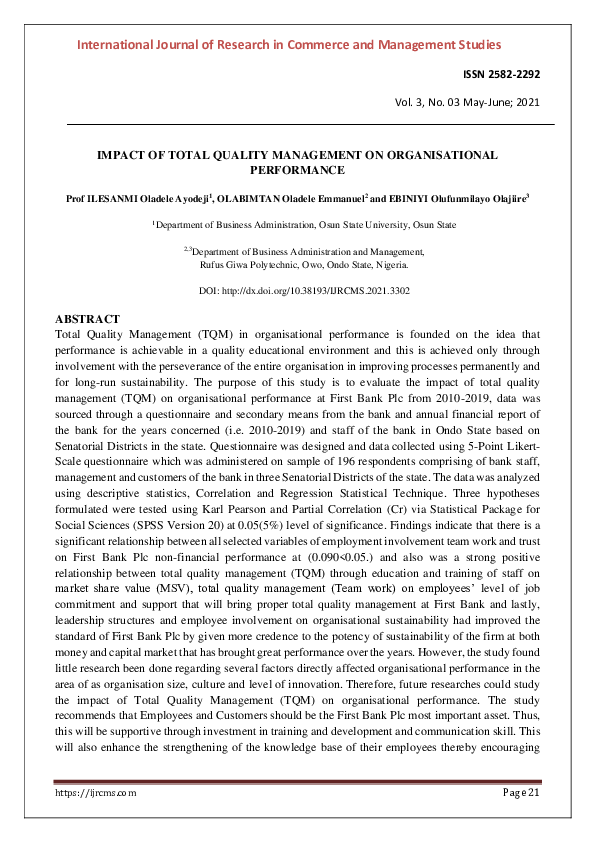 (PDF) Impact of Total Quality Management on Organisational Performance