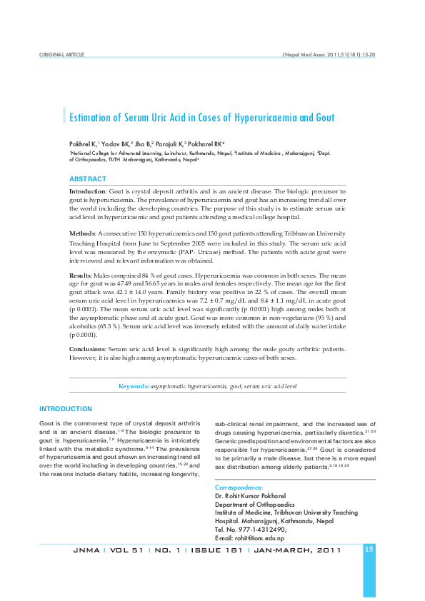 (PDF) Estimation of serum uric acid in cases of hyperuricaemia and gout